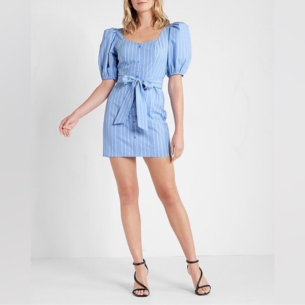 Express Blue Stripped Puff Sleeve Belted Mini Dress